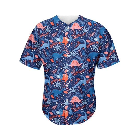 Cute Dino Leaves And Flowers Print Men's Baseball Jersey