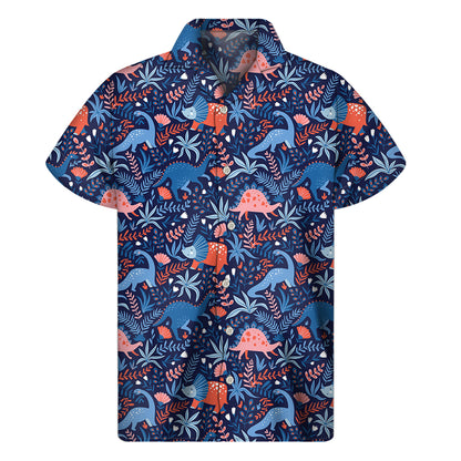 Cute Dino Leaves And Flowers Print Men's Short Sleeve Shirt