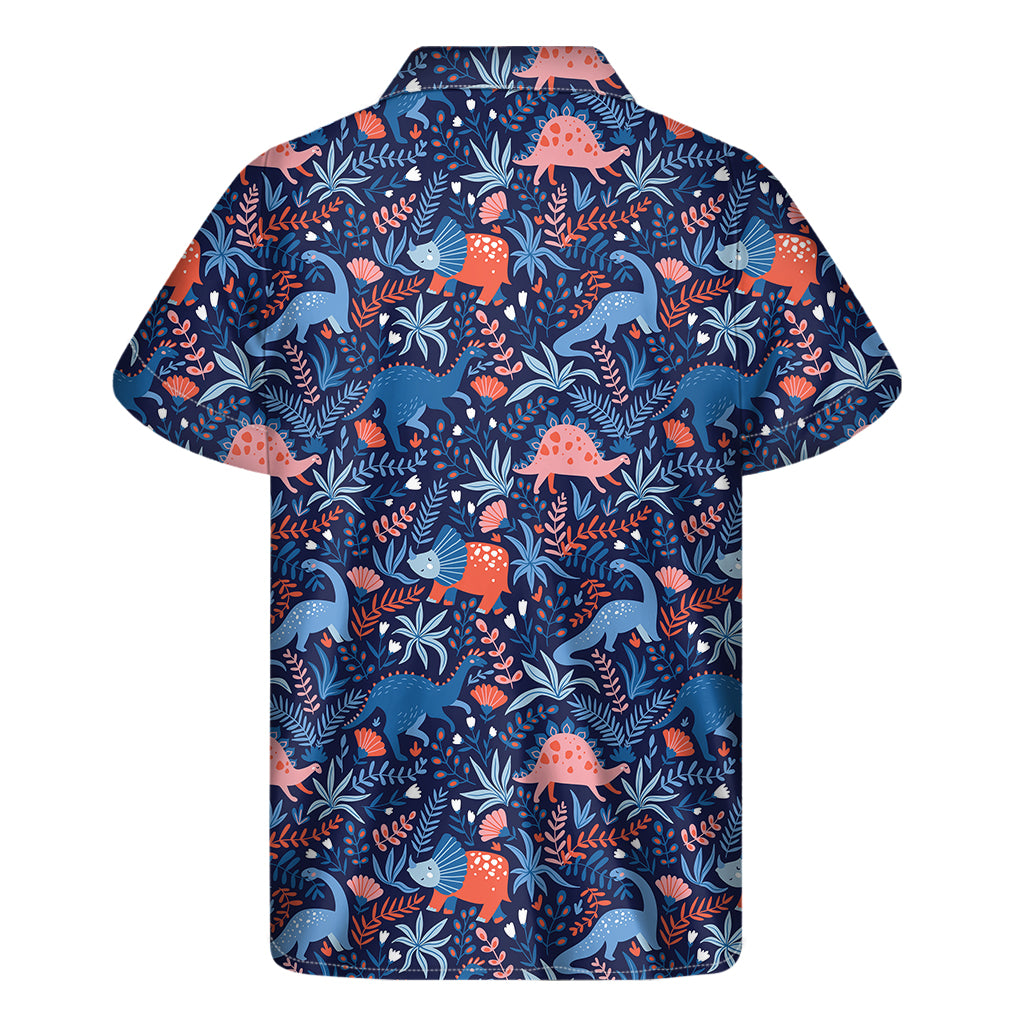 Cute Dino Leaves And Flowers Print Men's Short Sleeve Shirt