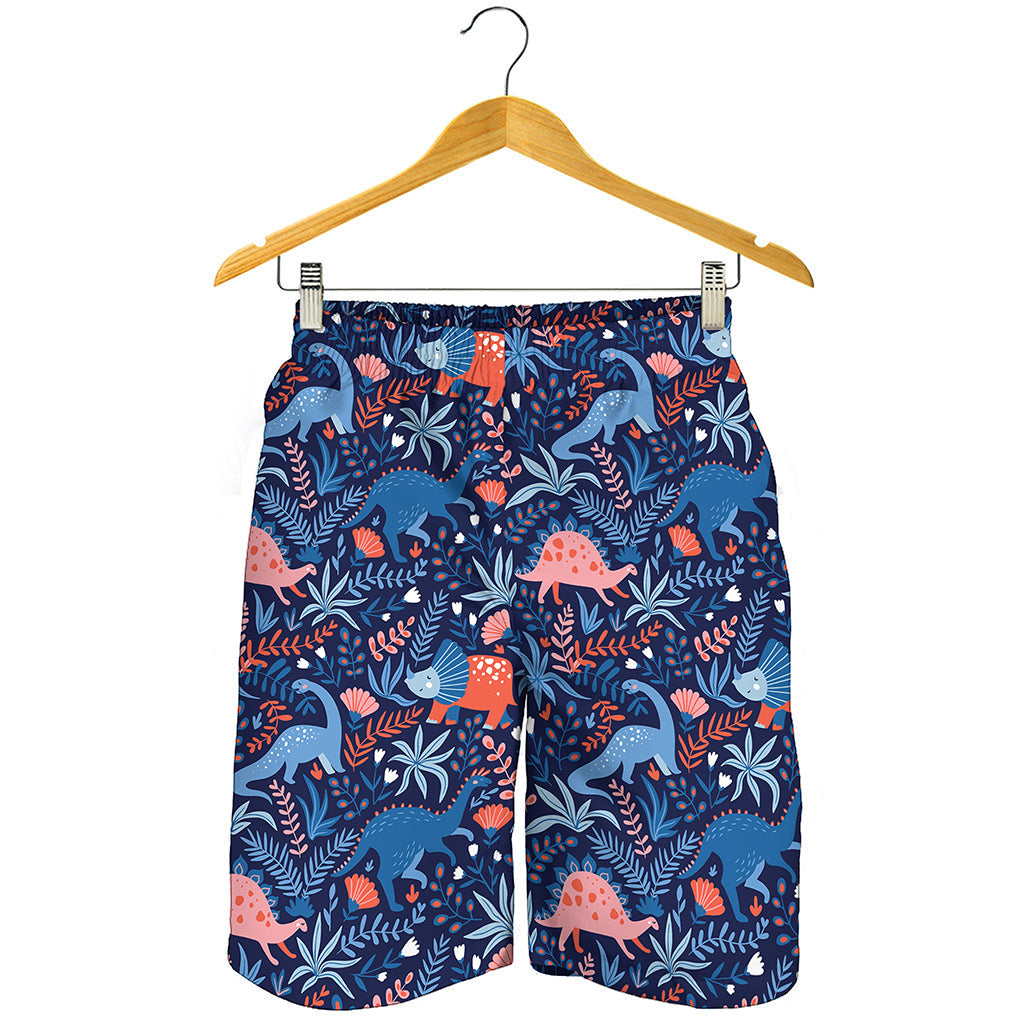 Cute Dino Leaves And Flowers Print Men's Shorts