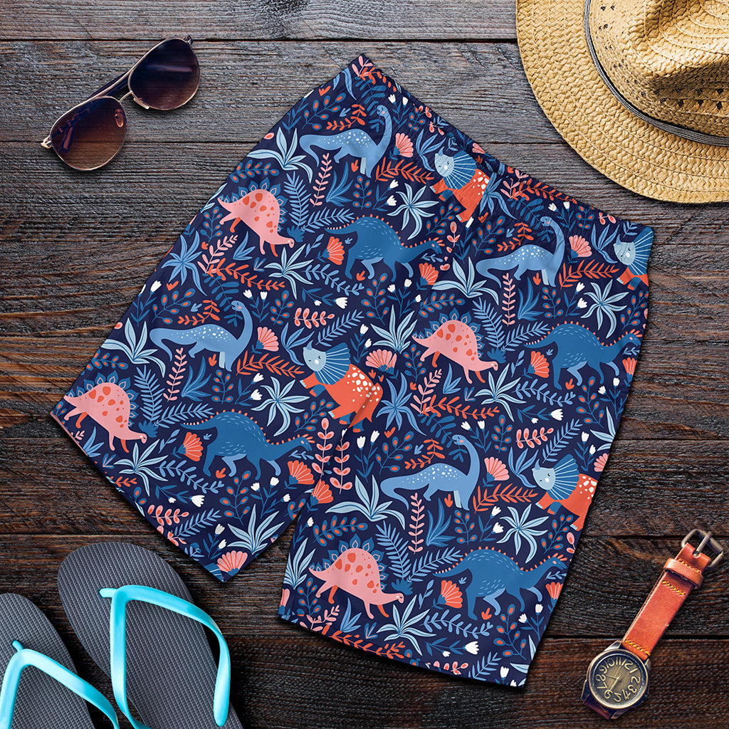 Cute Dino Leaves And Flowers Print Men's Shorts