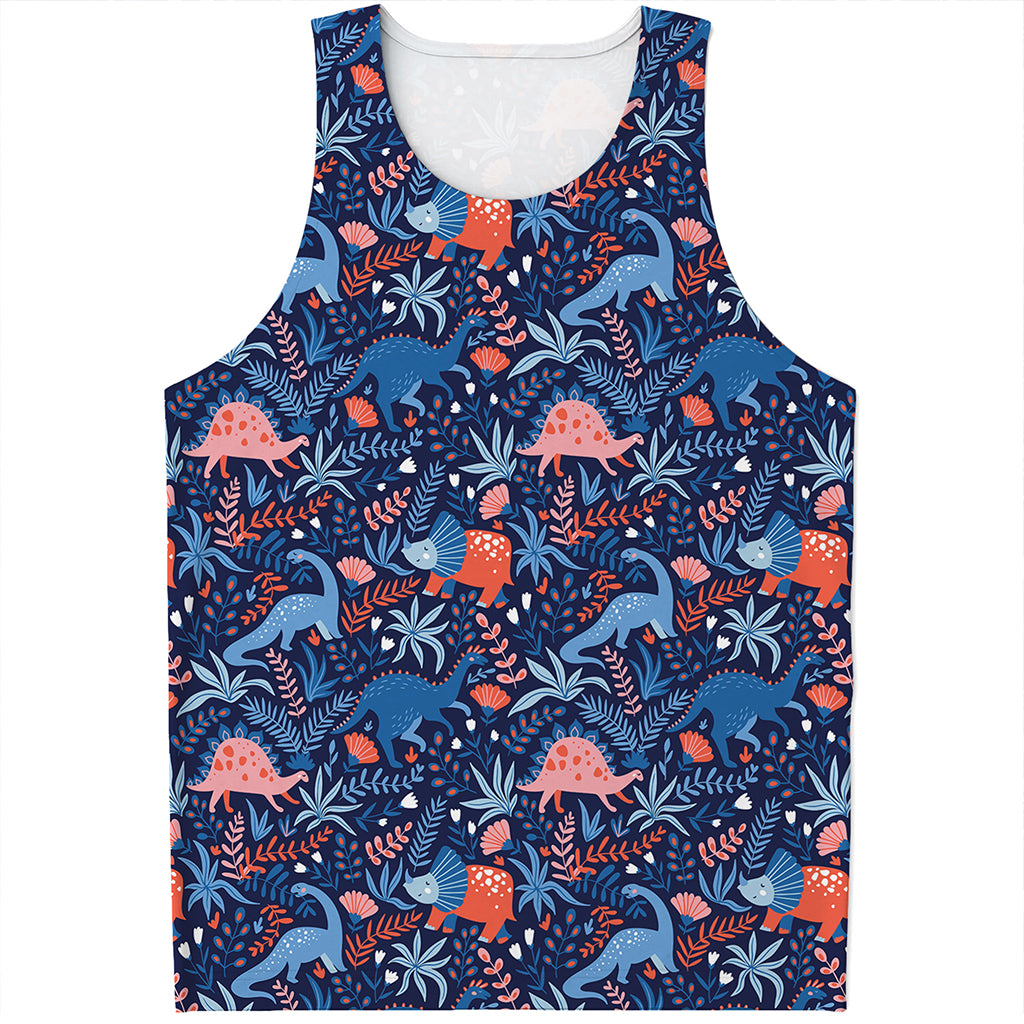 Cute Dino Leaves And Flowers Print Men's Tank Top