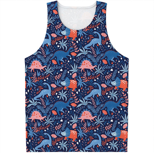 Cute Dino Leaves And Flowers Print Men's Tank Top