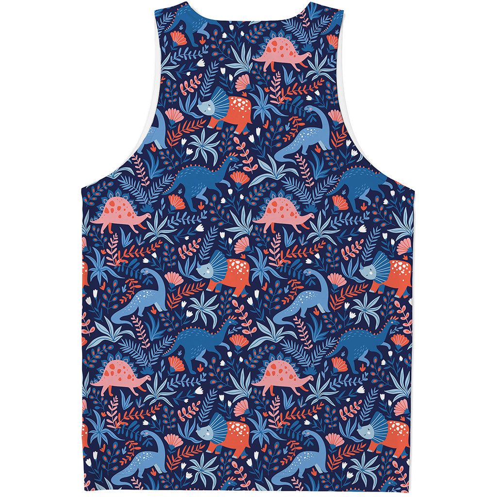 Cute Dino Leaves And Flowers Print Men's Tank Top