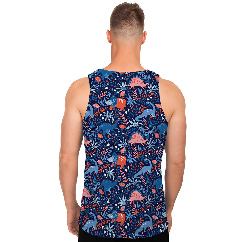 Cute Dino Leaves And Flowers Print Men's Tank Top