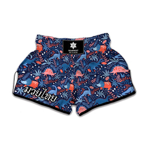 Cute Dino Leaves And Flowers Print Muay Thai Boxing Shorts