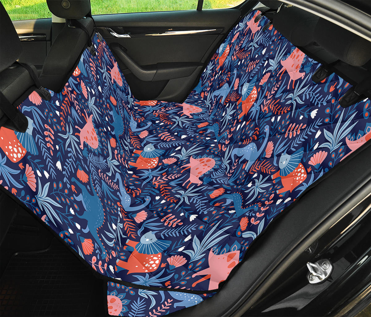 Cute Dino Leaves And Flowers Print Pet Car Back Seat Cover