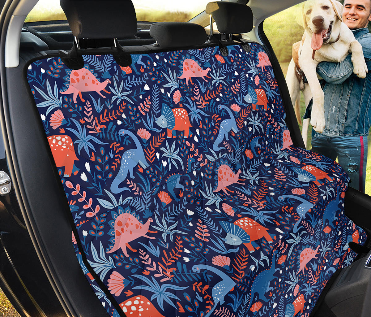 Cute Dino Leaves And Flowers Print Pet Car Back Seat Cover