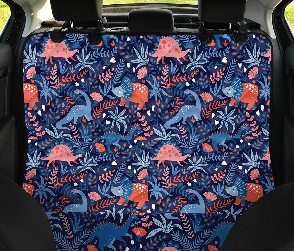 Cute Dino Leaves And Flowers Print Pet Car Back Seat Cover