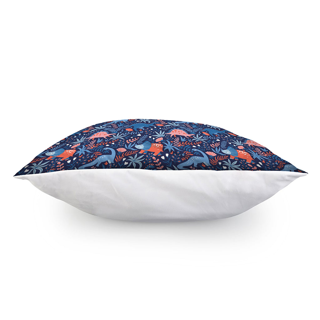 Cute Dino Leaves And Flowers Print Pillow Cover