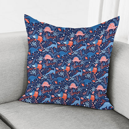Cute Dino Leaves And Flowers Print Pillow Cover