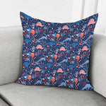 Cute Dino Leaves And Flowers Print Pillow Cover