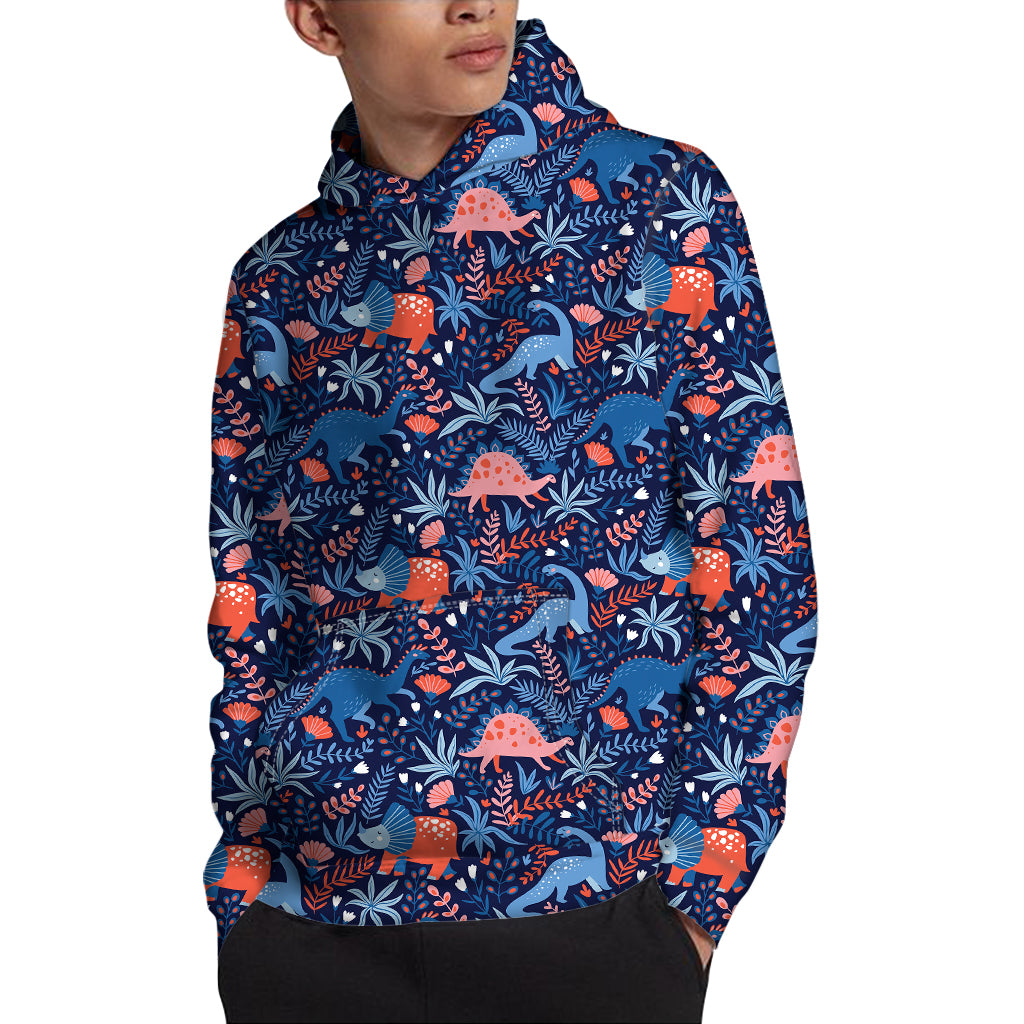 Cute Dino Leaves And Flowers Print Pullover Hoodie