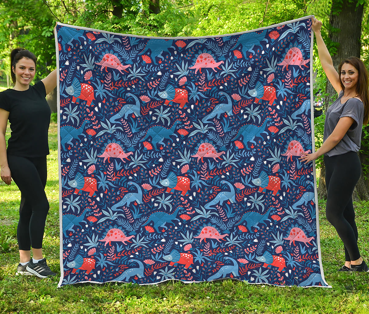 Cute Dino Leaves And Flowers Print Quilt
