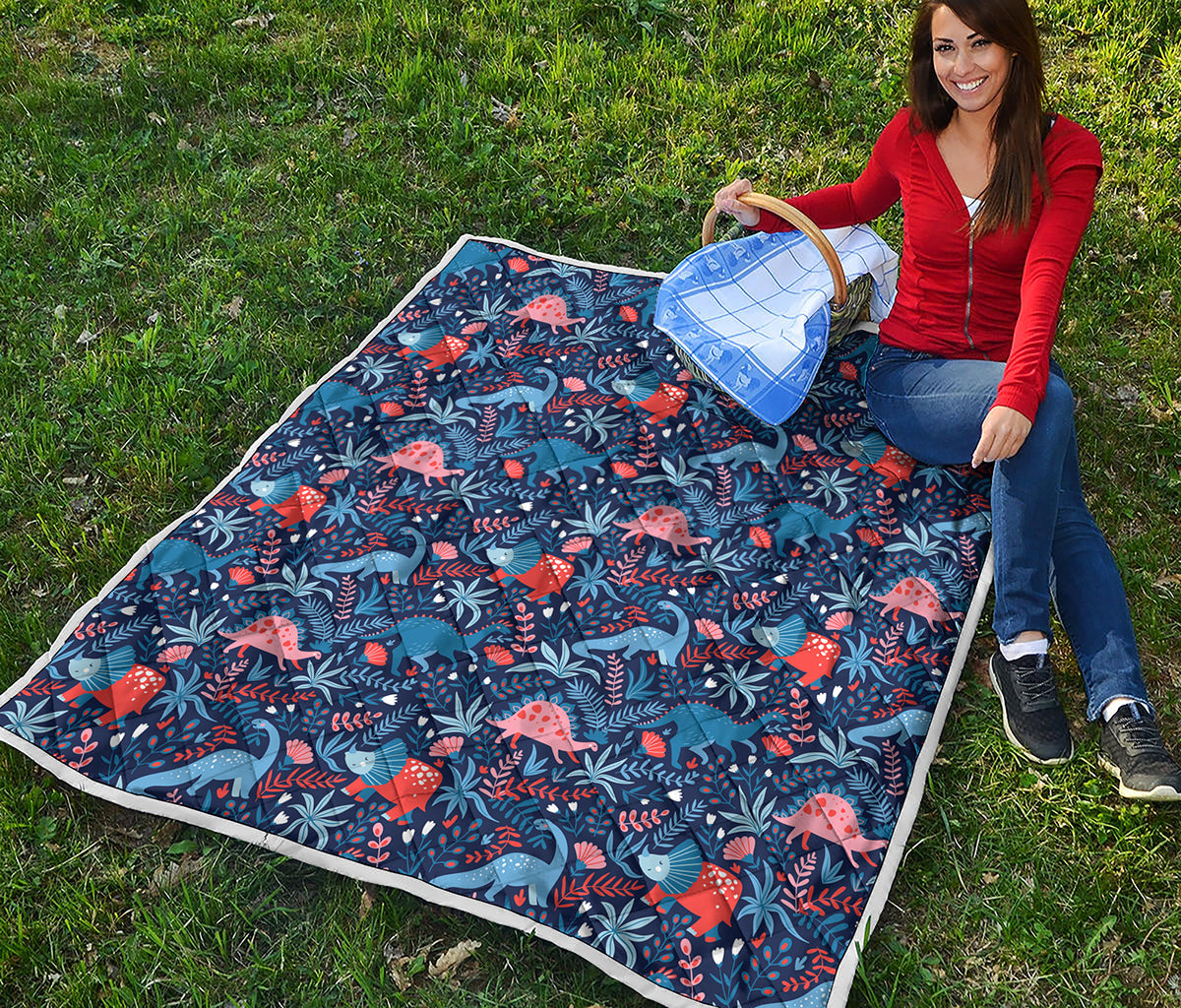 Cute Dino Leaves And Flowers Print Quilt