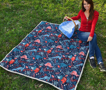 Cute Dino Leaves And Flowers Print Quilt