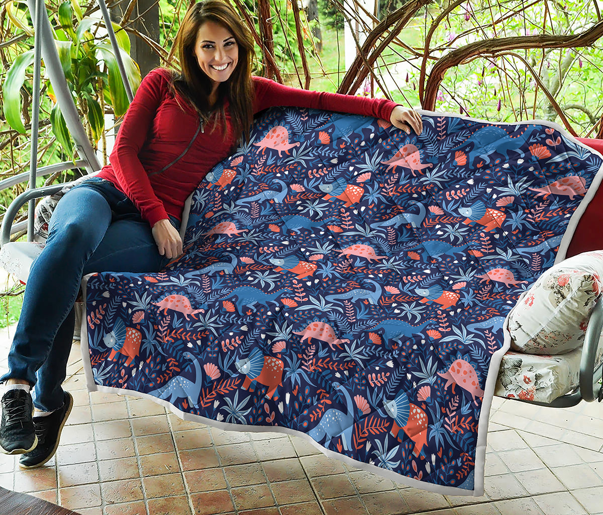 Cute Dino Leaves And Flowers Print Quilt