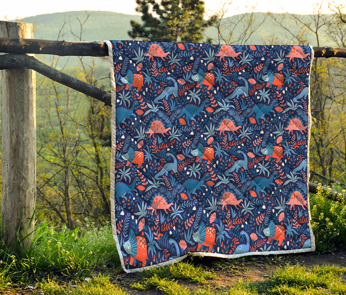 Cute Dino Leaves And Flowers Print Quilt