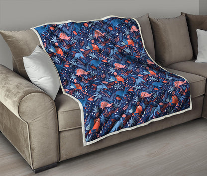 Cute Dino Leaves And Flowers Print Quilt