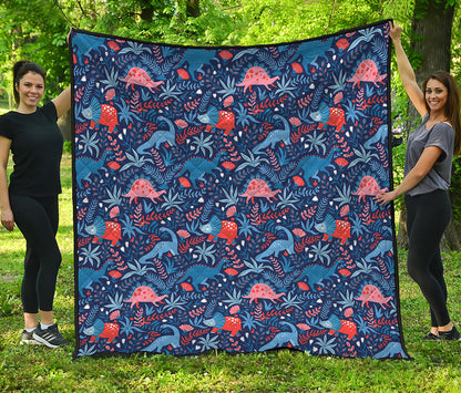 Cute Dino Leaves And Flowers Print Quilt