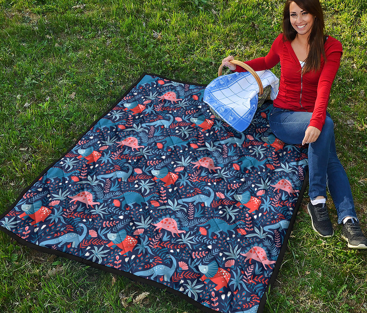 Cute Dino Leaves And Flowers Print Quilt