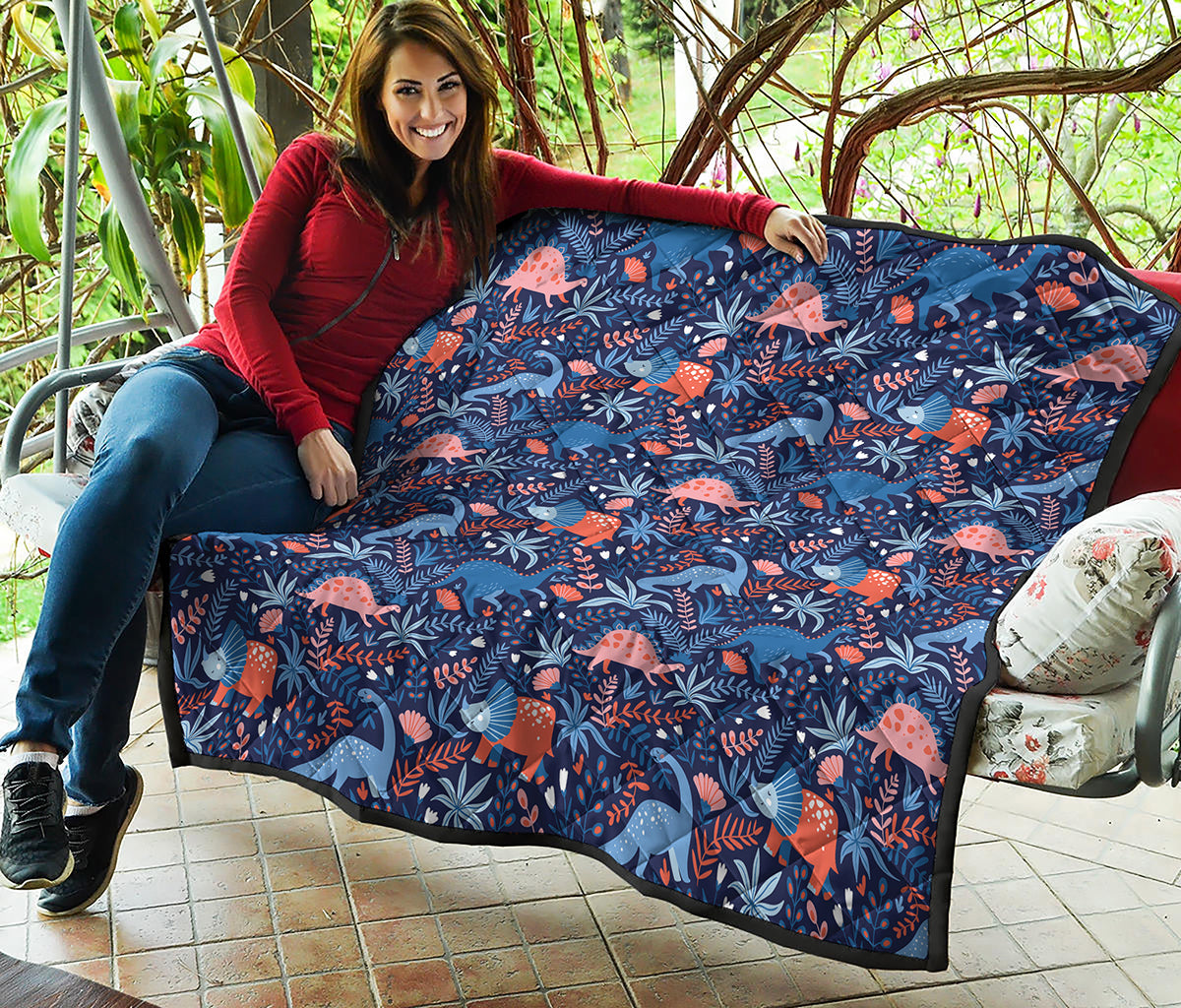 Cute Dino Leaves And Flowers Print Quilt