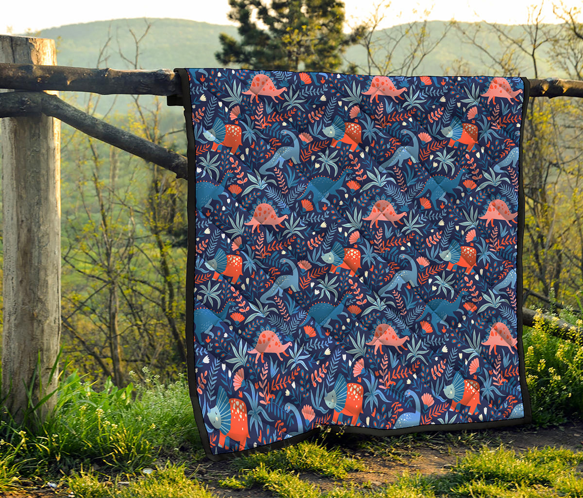 Cute Dino Leaves And Flowers Print Quilt