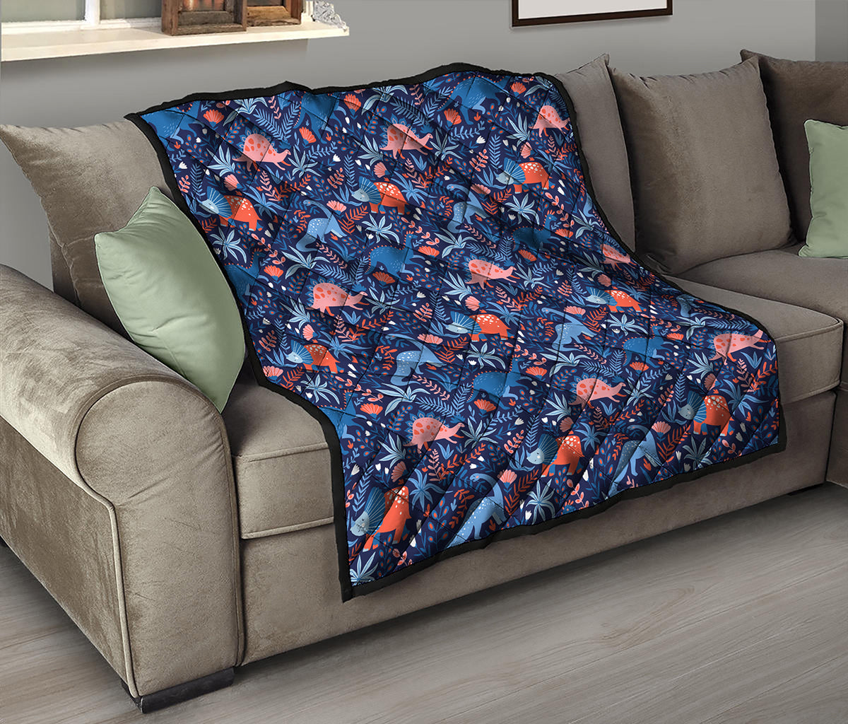 Cute Dino Leaves And Flowers Print Quilt