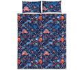 Cute Dino Leaves And Flowers Print Quilt Bed Set