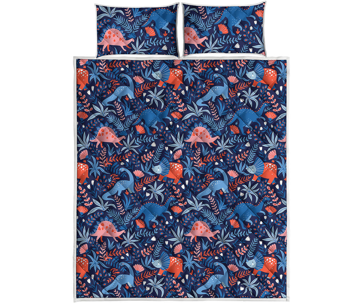 Cute Dino Leaves And Flowers Print Quilt Bed Set
