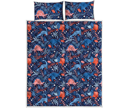 Cute Dino Leaves And Flowers Print Quilt Bed Set