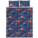 Cute Dino Leaves And Flowers Print Quilt Bed Set