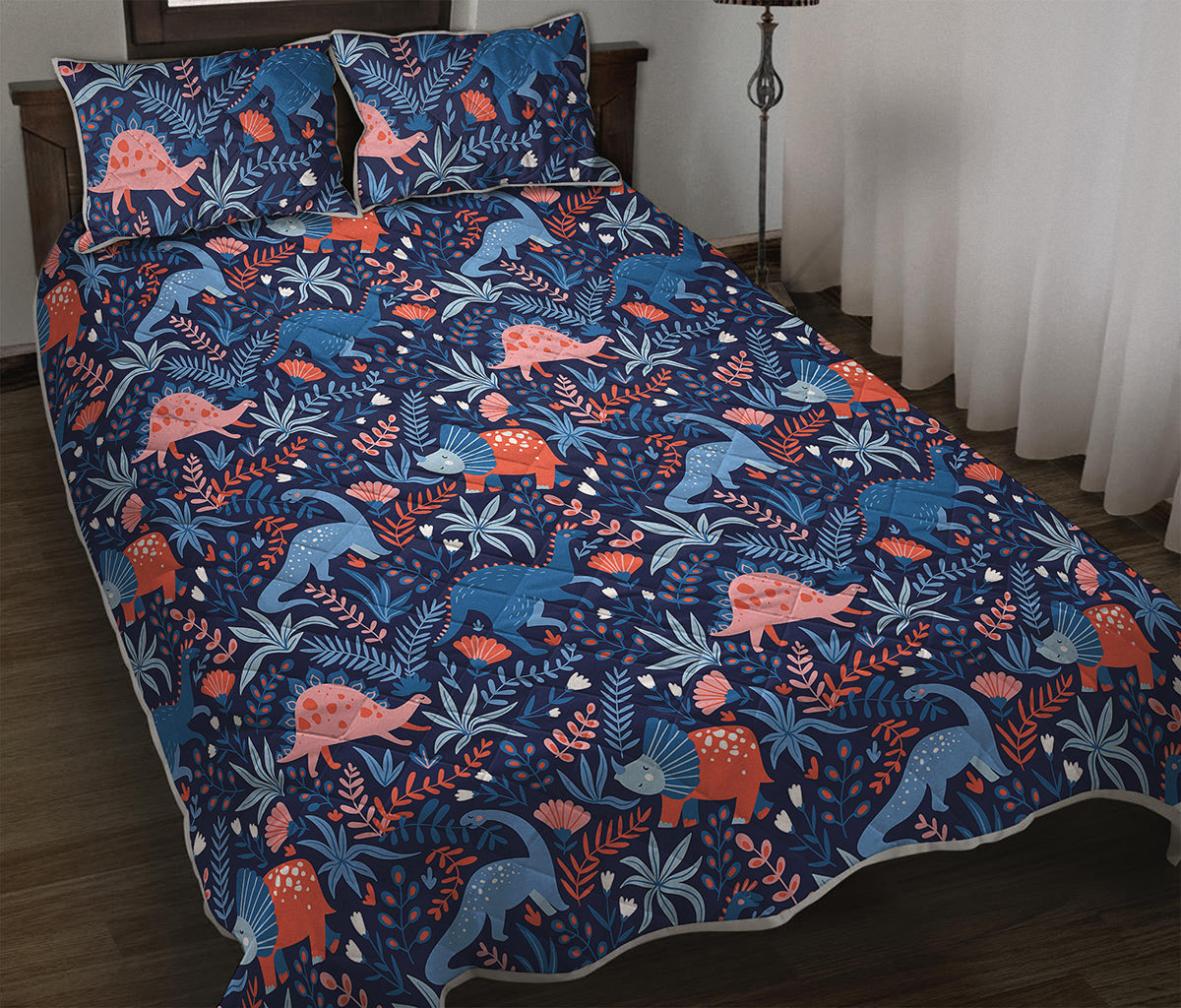 Cute Dino Leaves And Flowers Print Quilt Bed Set