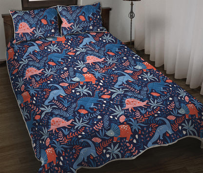 Cute Dino Leaves And Flowers Print Quilt Bed Set
