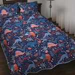 Cute Dino Leaves And Flowers Print Quilt Bed Set