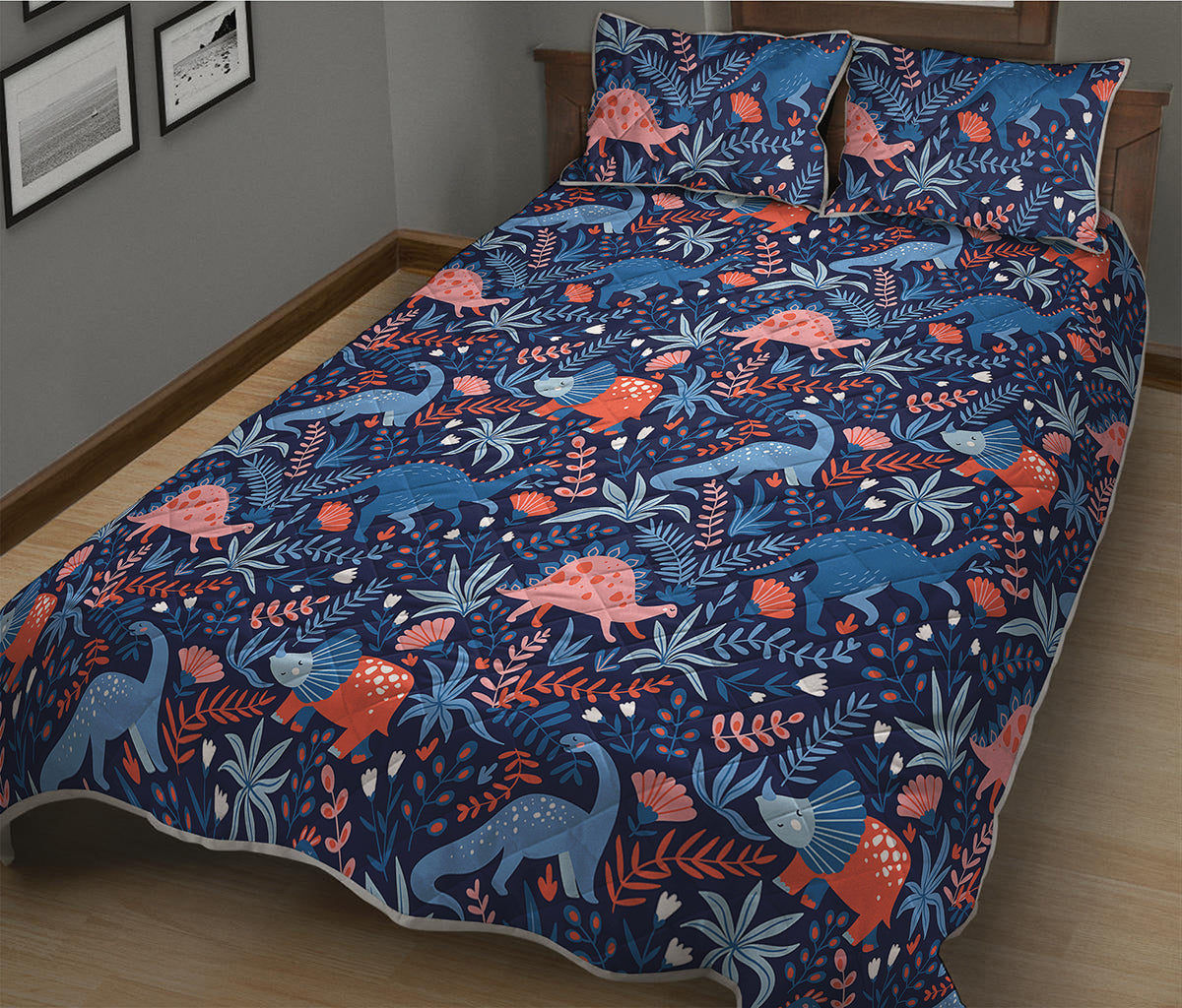Cute Dino Leaves And Flowers Print Quilt Bed Set