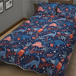 Cute Dino Leaves And Flowers Print Quilt Bed Set