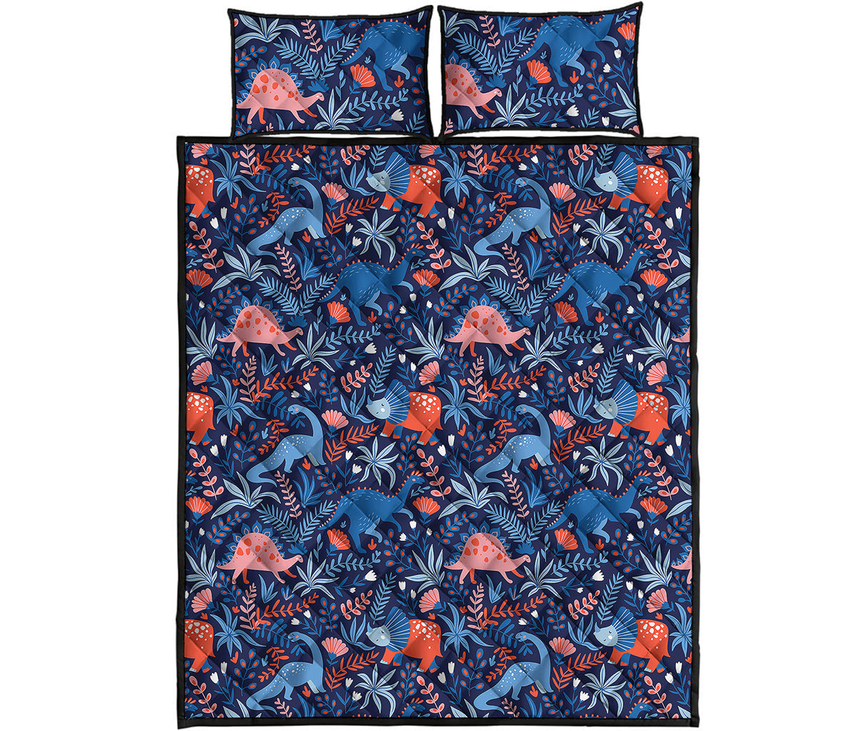 Cute Dino Leaves And Flowers Print Quilt Bed Set