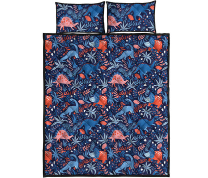 Cute Dino Leaves And Flowers Print Quilt Bed Set