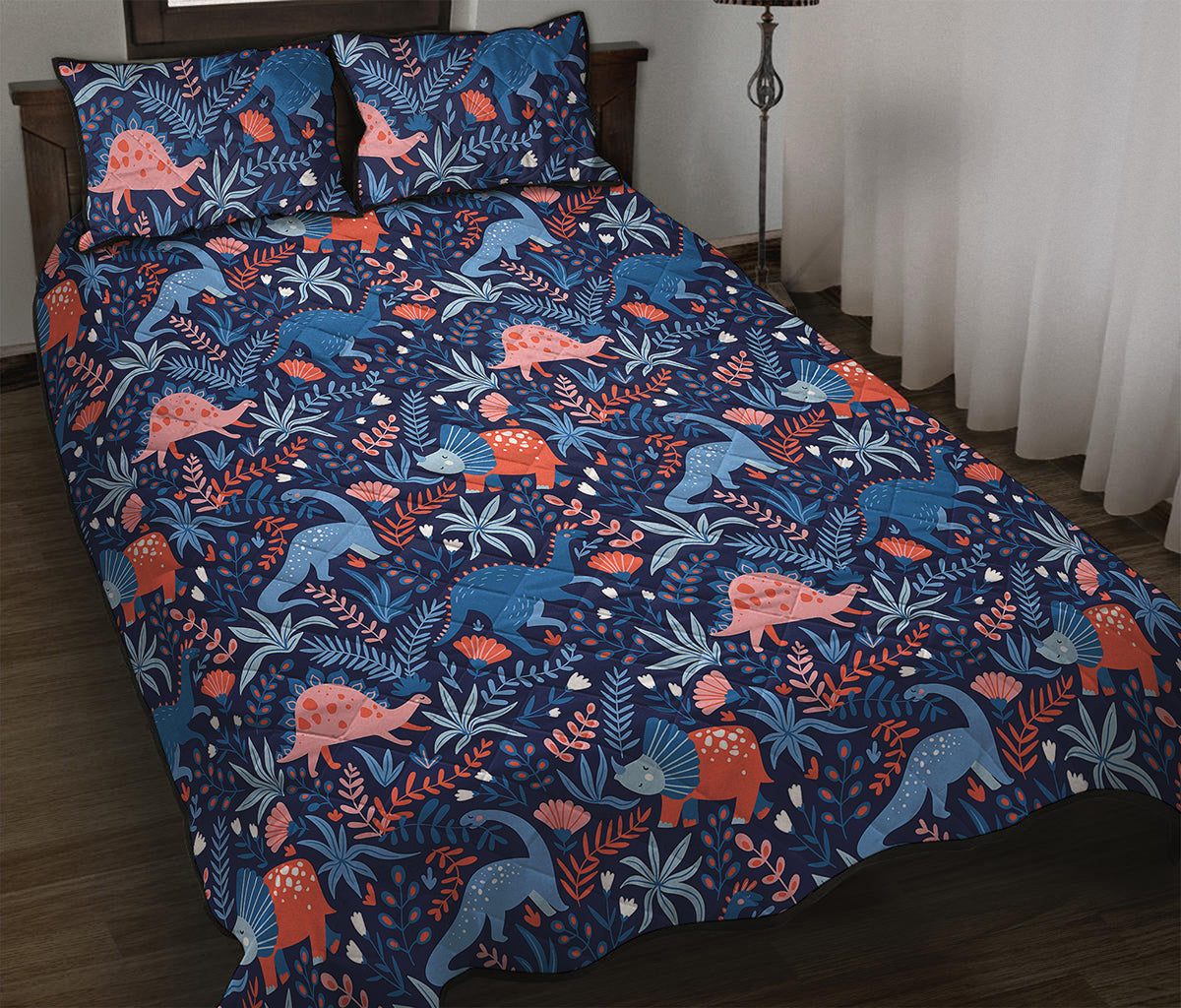 Cute Dino Leaves And Flowers Print Quilt Bed Set