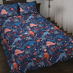 Cute Dino Leaves And Flowers Print Quilt Bed Set