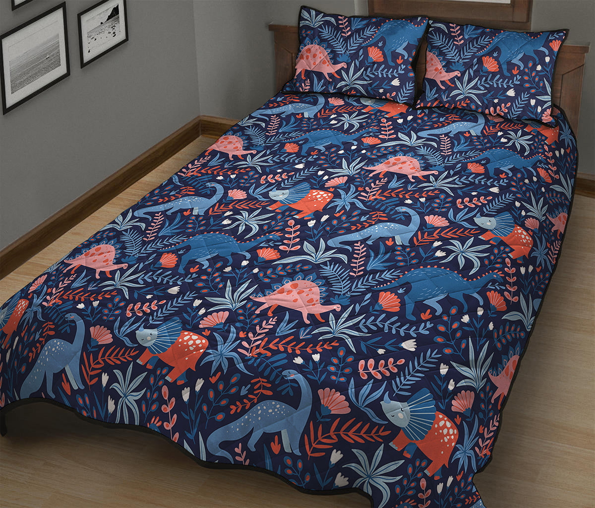 Cute Dino Leaves And Flowers Print Quilt Bed Set