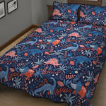 Cute Dino Leaves And Flowers Print Quilt Bed Set