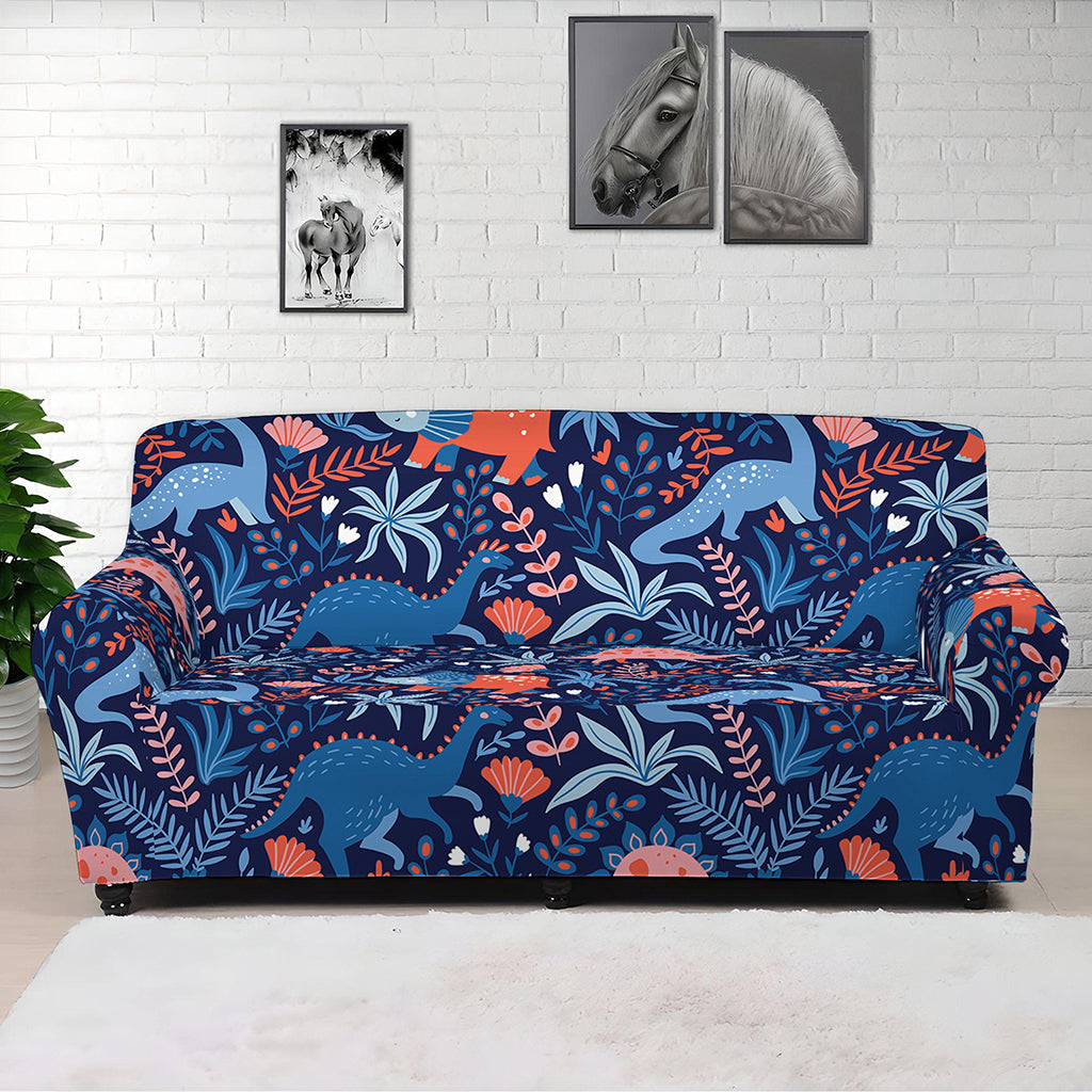 Cute Dino Leaves And Flowers Print Sofa Cover