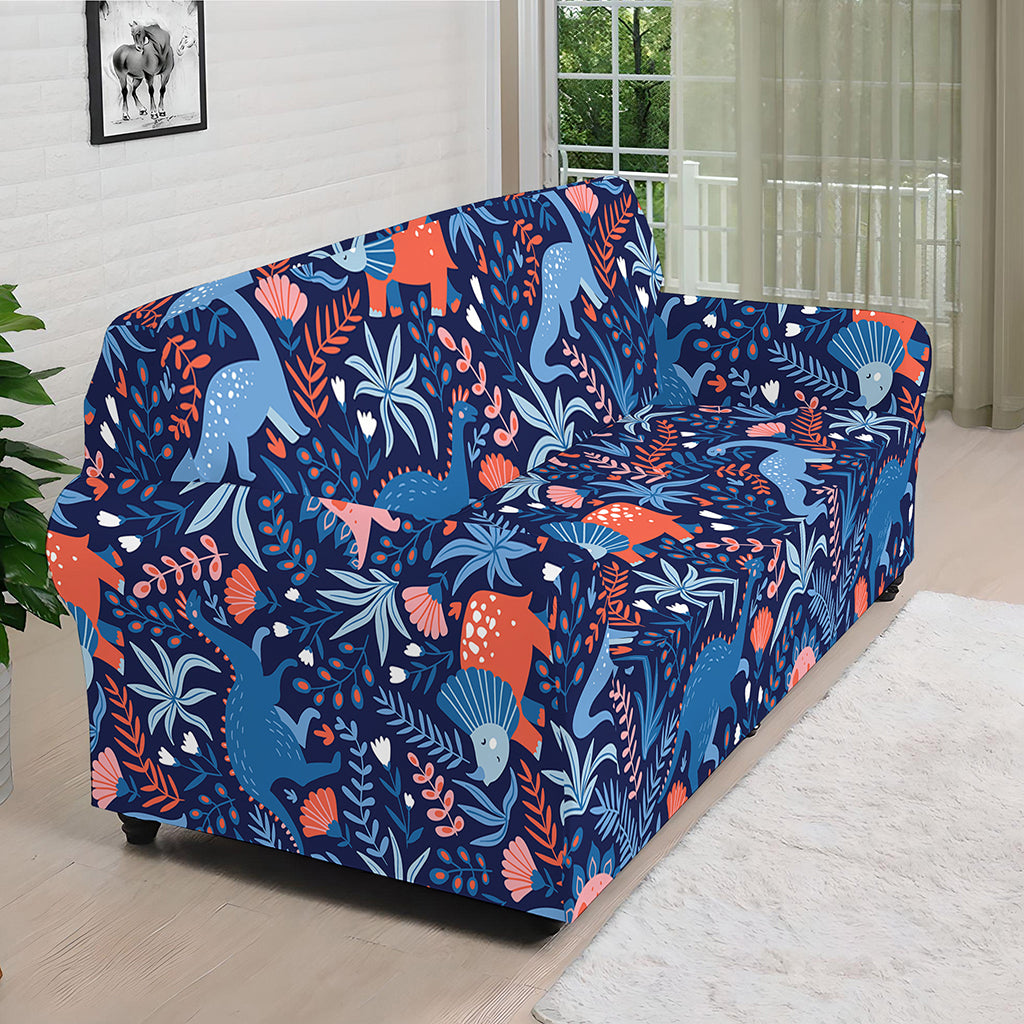 Cute Dino Leaves And Flowers Print Sofa Cover