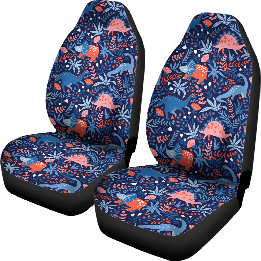Cute Dino Leaves And Flowers Print Universal Fit Car Seat Covers