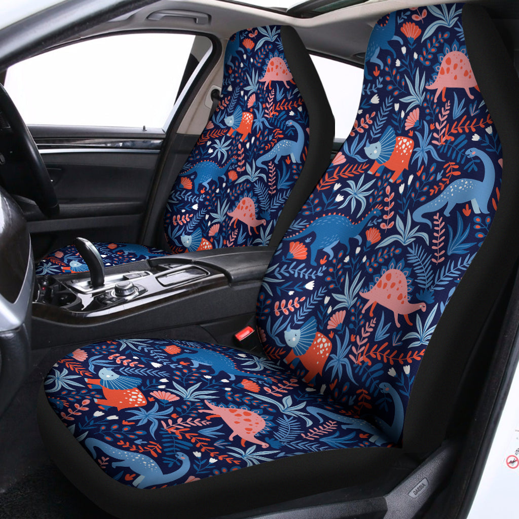 Cute Dino Leaves And Flowers Print Universal Fit Car Seat Covers