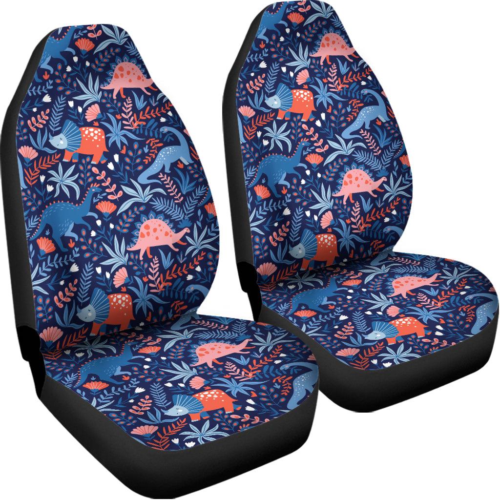 Cute Dino Leaves And Flowers Print Universal Fit Car Seat Covers
