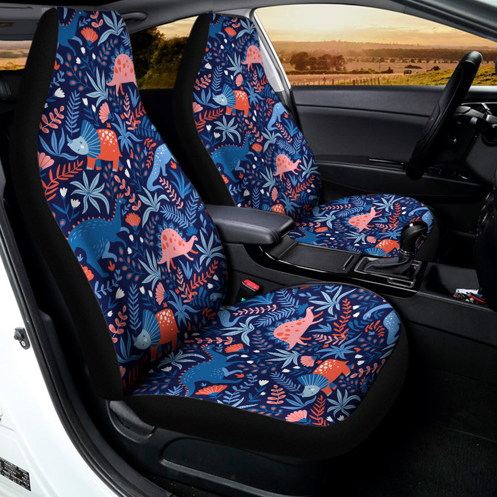 Cute Dino Leaves And Flowers Print Universal Fit Car Seat Covers