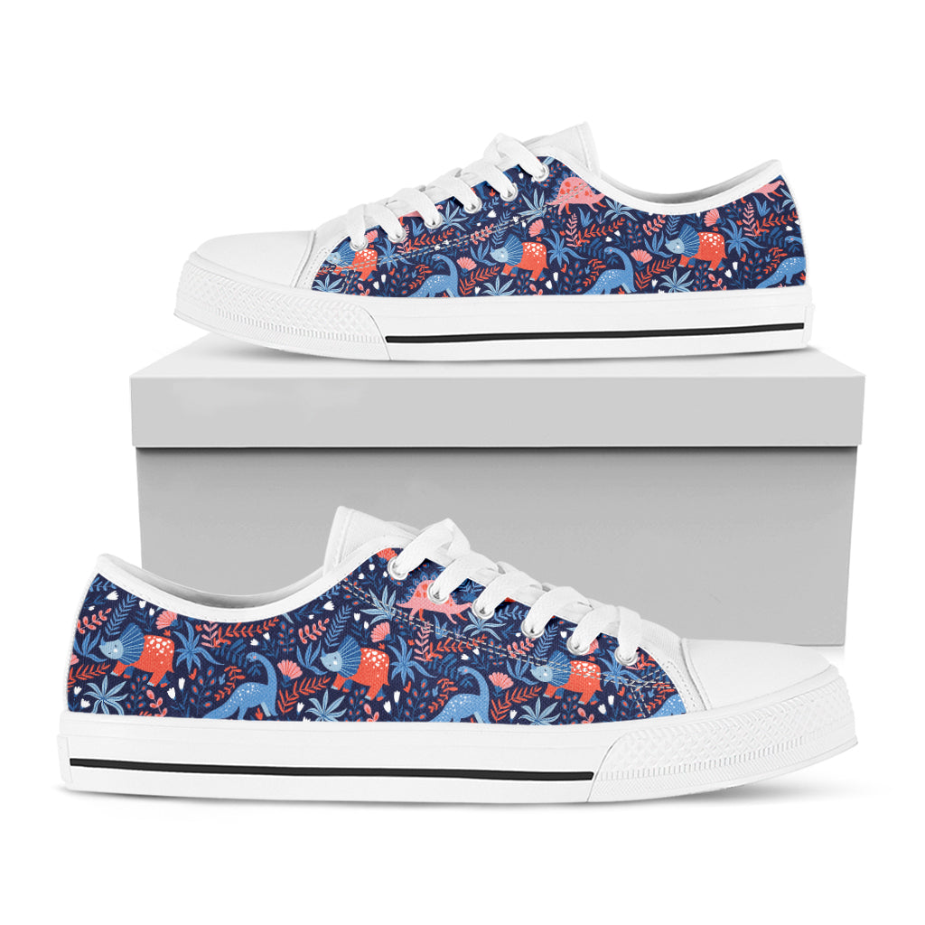 Cute Dino Leaves And Flowers Print White Low Top Shoes